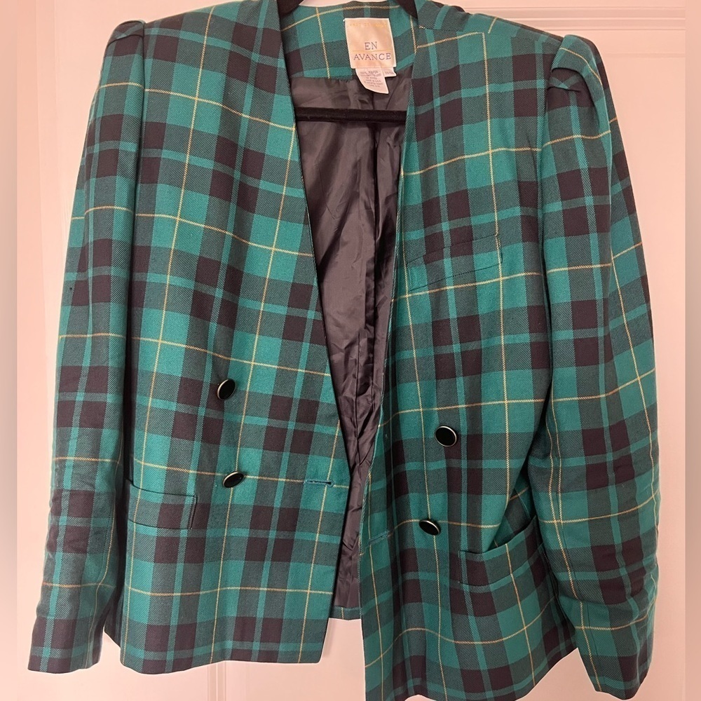 Vintage green plaid, double breasted blazer
